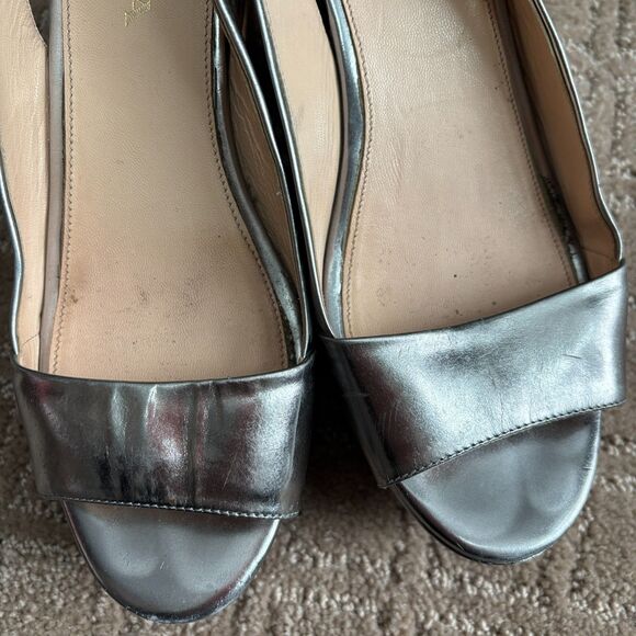 Prada Patent Leather Slingback Platform Wedge Sandal Womens 36.5 Silver Peeptoe - Picture 10 of 14
